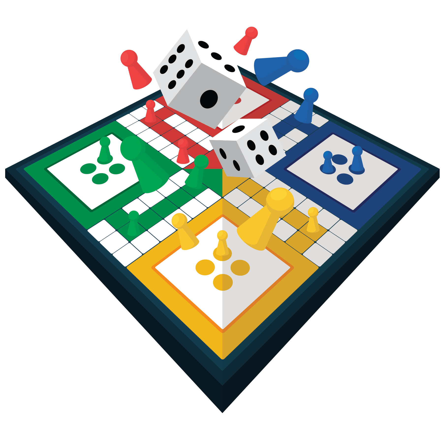 A graphic of a board game featuring yellow, green, red, and blue pieces, along with a pair of dice, ready for an exciting game night.