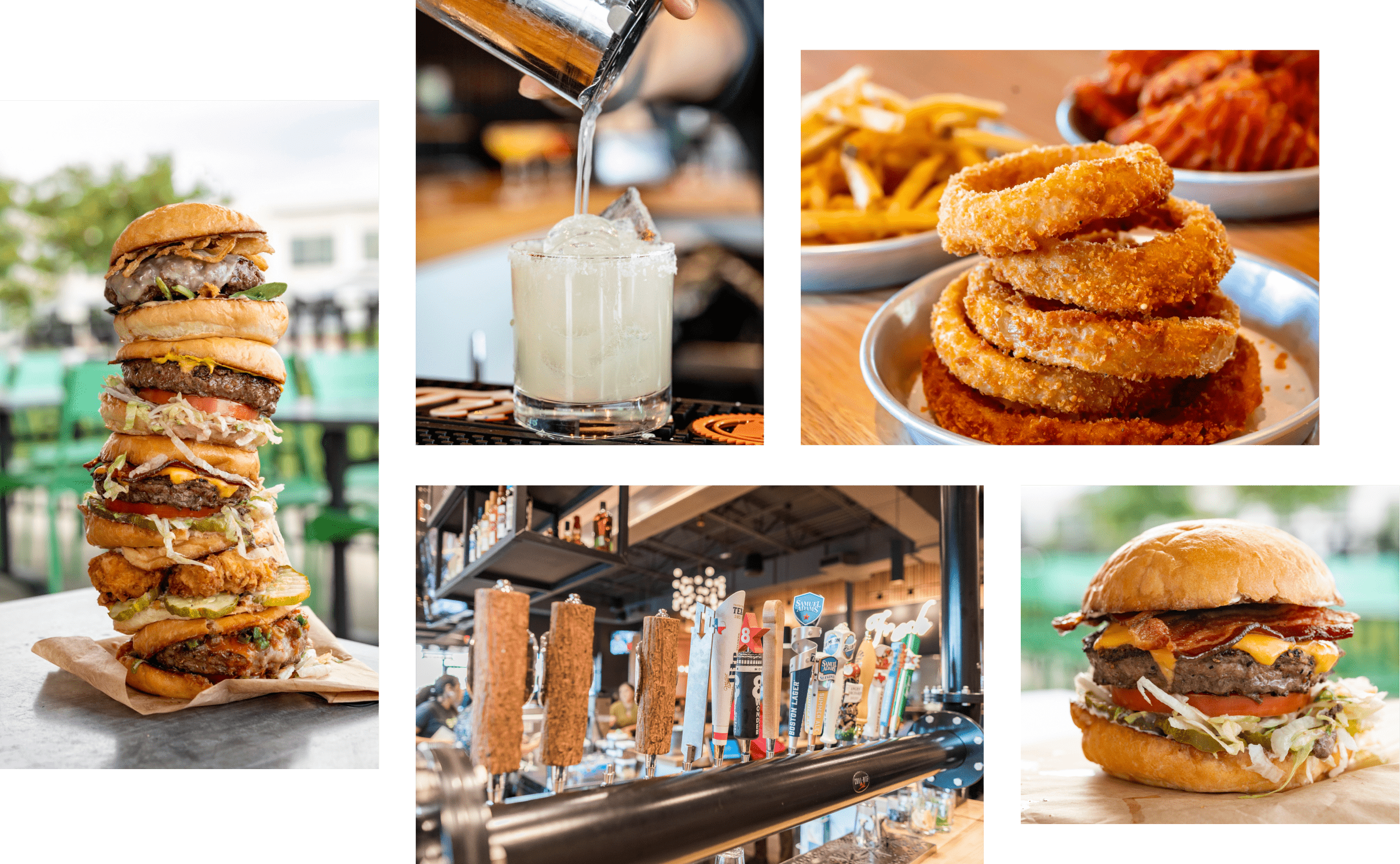 Collage showcasing a variety of delicious offerings: a towering stack of burgers with various toppings, a refreshing cocktail being poured, a plate of crispy onion rings and fries, a close-up of a classic bacon cheeseburger, and a bar with an assortment of beer taps in a modern, inviting atmosphere.